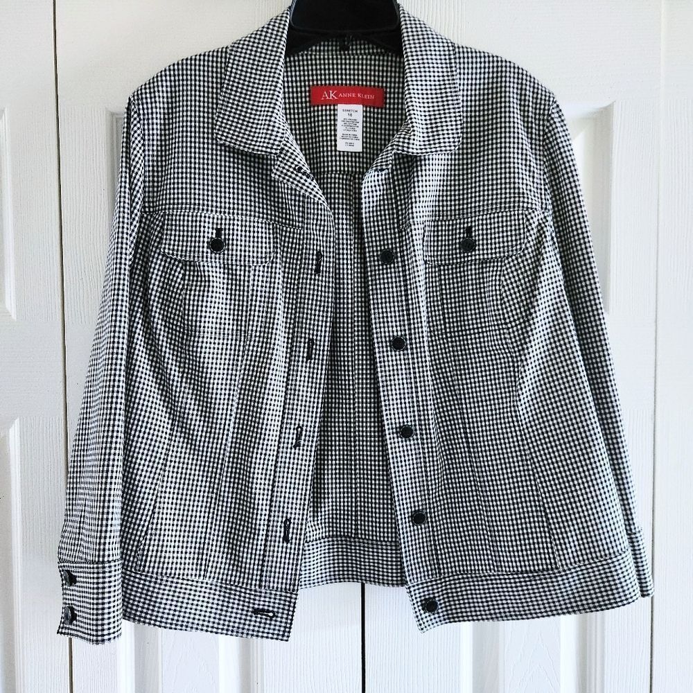 Anne Klein Black & White Gingham Check Button Up Jacket, Women's Size 10